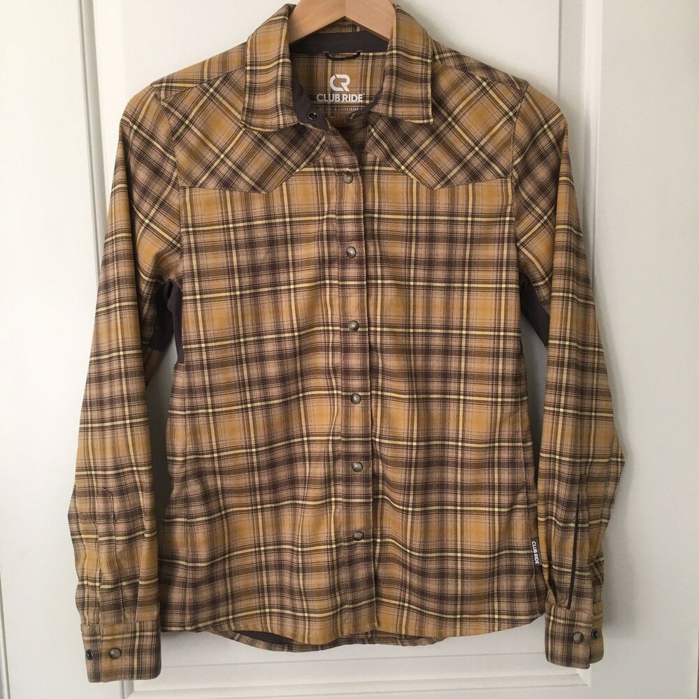 Club Ride Womens S Plaid Snap Button Shirt Long Sleeves Cycling Top Fall Yellow